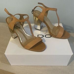 Aldo Tan and Silver Block Heel Sandals